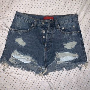 HIGH WAISTED MEDIUM WASH DENIM SHORTS, SIZE SMALL